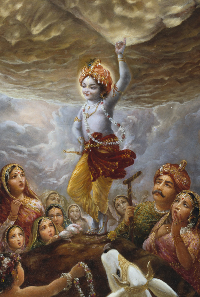 Krishna lifts Govardhana Giri.image